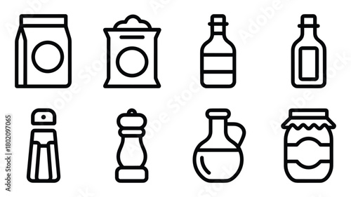 Set of eight black and white outline icons representing kitchen and food items on a white background