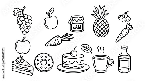 Collection of Hand Drawn Food and Drink Icons with Fruits Vegetables and Sweets Keywords: food, icons, fruit, vegetables, sweets, jam, apple, grapes, pineapple, cherries, carrot, cake, donut