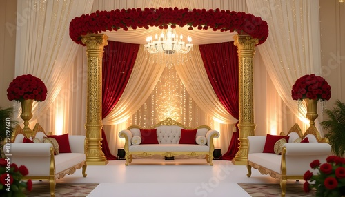 Luxury Pakistani Barat stage with grand floral arch, golden pillars, red roses, and royal sofa seating