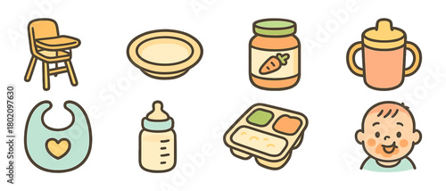Baby feeding icons: high chair, bottle, bib, baby food, happy infant face