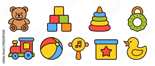 Colorful cartoon baby toys including bear, blocks, and duck on white background