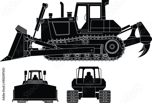 Bulldozer silhouette set showing side, front and rear views of heavy construction machinery for engineering, earthmoving, industrial equipment and building project designs