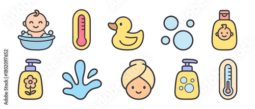 Colorful baby bath icons featuring thermometer, duck, and soap elements