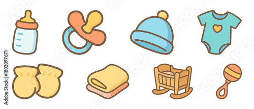 Colorful baby essentials: bottles, pacifiers, clothing, and toys