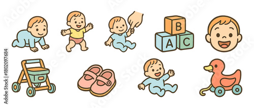 Cute baby clipart set with toys and accessories for child playtime