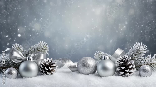 Luxury Silver Christmas Ornaments Snowfall Looping Background 4K