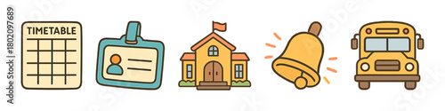 Set of school icons: timetable, id badge, school building, bell, bus
