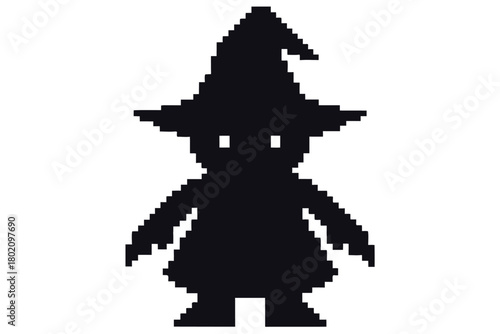 Silhouette reveals retro pixel witch wearing a pointed hat against a white backdrop