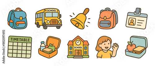 Colorful school essentials: backpack, bus, bell, lunchbox, and student icon set