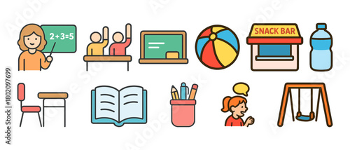 Education and recreation icons: classroom, playground, and snack bar elements