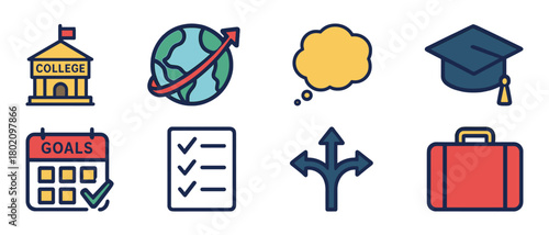 Education icons set: school, globe, graduation, goals, checklist, directions, briefcase