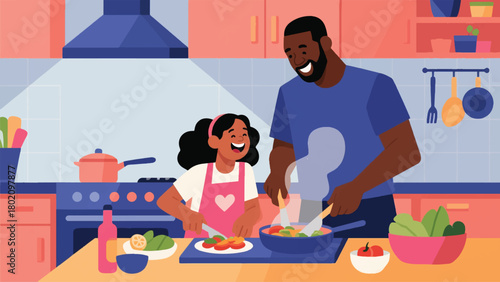 Illustration Of A Father And Daughter Cooking In The Kitchen Vector Design Template