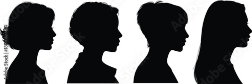 Female head profile silhouette collection featuring different hairstyles and woman side view portraits for beauty, fashion, design, illustration, and artistic projects