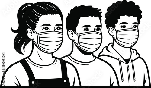 Group of diverse people wearing protective face masks standing together, promoting health safety, pandemic prevention, medical protection, community awareness, illustration