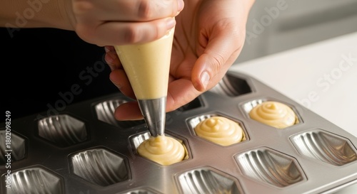 Pipe the dough from the piping bag into the madeleine mold.