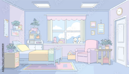 淡いパステルカラーで描かれた、静かで落ち着いた雰囲気の病院の個室または療養室のベクターイラスト
