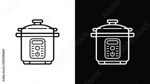 Line Art Icons of a Multi- Cooker on Black and White Backgrounds Keywords: multi-cooker, pressure cooker, slow cooker, kitchen appliance, icon, line art, outline, cooking, kitchen, appliance