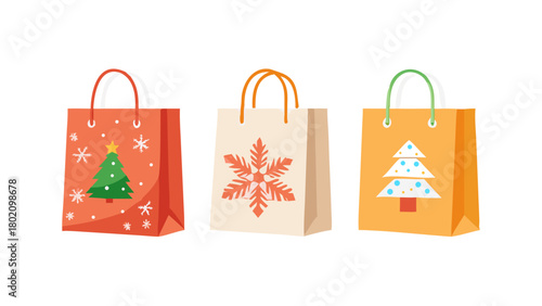 Set of winter Christmas shopping paper bag flat vector stock  illustration.Holidays gift bag elements .White background. icon