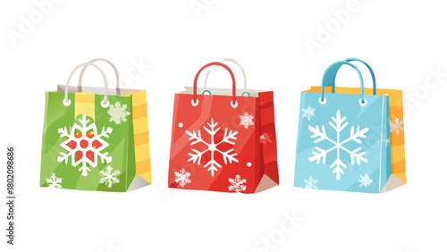 Set of winter Christmas shopping paper bag flat vector stock  illustration.Holidays gift bag elements .White background. icon