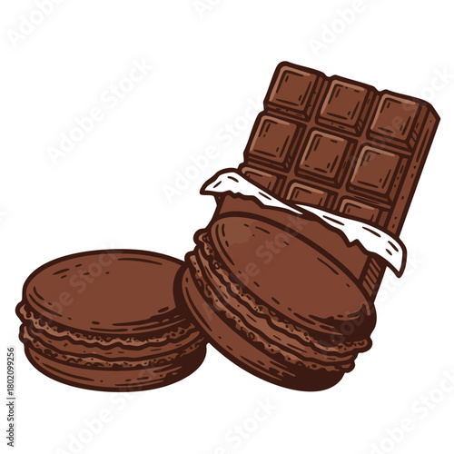 Chocolate macarons and chocolate bar illustration create a delightful dessert composition for food lovers 