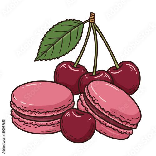 Pink macarons paired with fresh cherries create a delightful dessert illustration that tempts the senses and inspires sweet cravings .