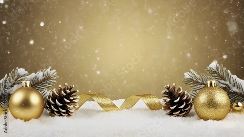 Luxury Gold Christmas Ornaments Snowfall Looping Background 4K