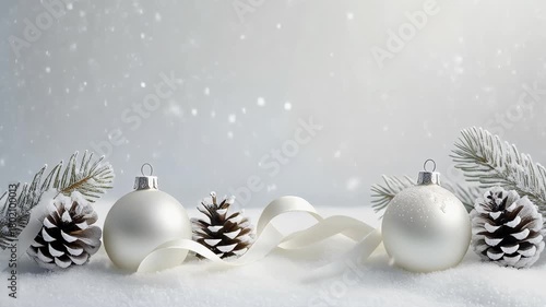 Luxury White Christmas Ornaments Snowfall Looping Background 4K