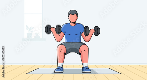 Man in athletic wear performing squat exercise with dumbbells in each hand, focusing on strength training and physical fitness in minimalist room with yoga mat on the floor