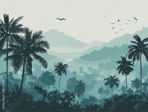 青みがかった熱帯のジャングル風景、ヤシの木のシルエットと霧のかかった山々が広がるエキゾチックな自然の眺め