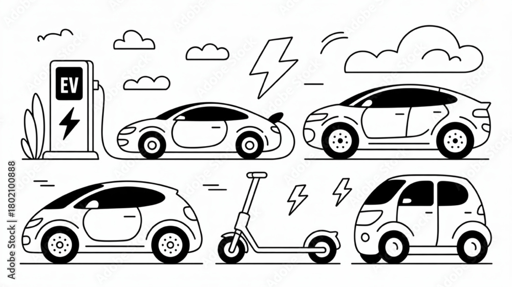 Fototapeta premium Electric vehicle icon set clean line art illustration of EV charging station car and scooter for sustainable transportation and eco-friendly lifestyle concepts