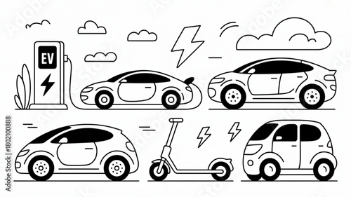 Electric vehicle icon set clean line art illustration of EV charging station car and scooter for sustainable transportation and eco-friendly lifestyle concepts