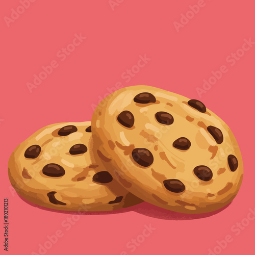 Chocolate chip cookies illustration on a vibrant pink background for dessert lovers 