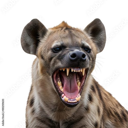 Hyena snarling close-up portrait isolated on transparent background