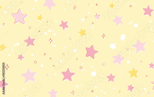 淡い黄色の背景にピンクと黄色の星が散りばめられた、キュートでファンシーなベクターパターンテクスチャ