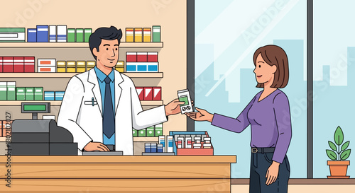 Pharmacist in coat handing medicine bottle to female customer at the counter in wellstocked pharmacy, with shelves medications in the