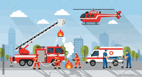 Emergency services responding to fire with fire truck, helicopter, ambulance, and firefighters