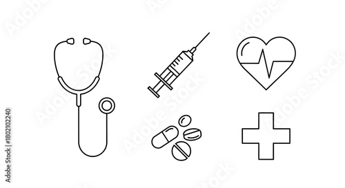 Collection medical icons including stethoscope, syringe, pills, heart rhythm, and cross