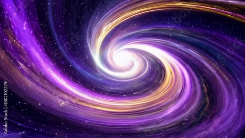 A bright swirling cosmic spiral turns smoothly at the center of deep space as neon purple and yellow arms twist outward creating continuous rotational motion with glowing highlights