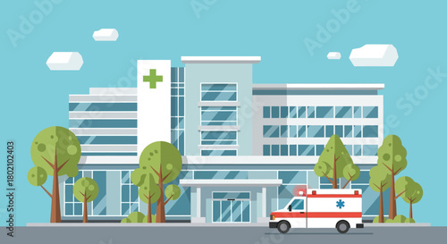 Modern hospital building with an ambulance parked outside, symbolizing healthcare and medical services
