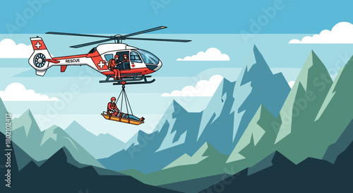 Helicopter rescue operation in the mountains, with rescuer being airlifted from dangerous terrain