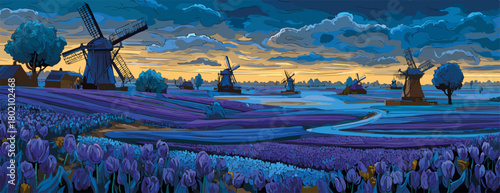 夕暮れのオランダの風景、紫色のチューリップ畑と風車が広がる幻想的なベクターイラストレーション