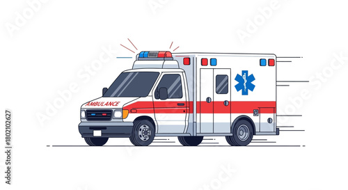 Ambulance vehicle in motion, emergency medical service, urgent transport, medical care, rescue, healthcare, transportation, , , isolated on