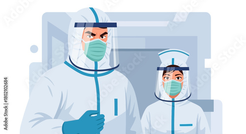 Two medical professionals wearing full personal protective equipment ppe suits, masks, and face shields, ready to handle infectious diseases