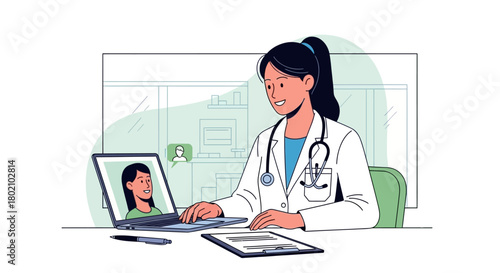 Doctor consulting with patient via video call on laptop, demonstrating telemedicine and remote healthcare services, providing medical advice and support online