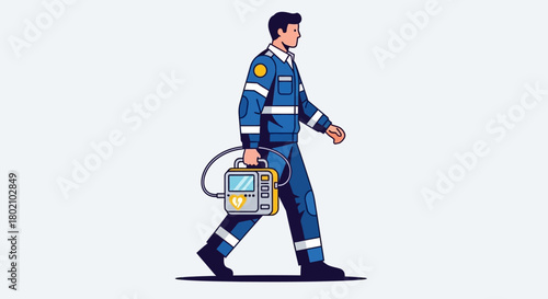 Paramedic in uniform walking and carrying medical device, representing emergency medical services and healthcare professionals in action