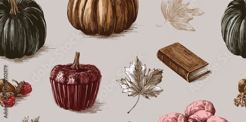 アンティーク調のベクター素材で描かれたカボチャ、落ち葉、古い本などが配置された秋の収穫をテーマにしたシームレスパターン