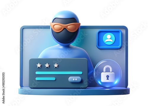 Cybersecurity hacker in mask and goggles behind laptop screen with lock icon and credit card