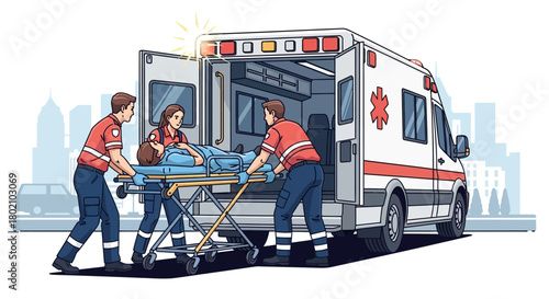 Paramedics carefully loading patient on stretcher into the back an ambulance, with emergency lights flashing and city skyline in the