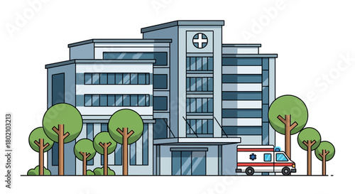 Modern hospital building with an ambulance parked outside, surrounded by trees and greenery