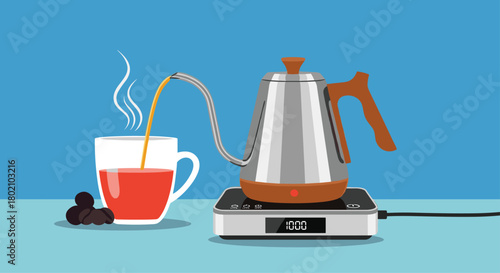 Pour over coffee preparation with a gooseneck kettle and digital scale, showcasing a warm beverage and coffee beans for a cozy morning ritual.